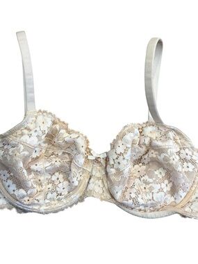 Victoria's Secret 36D Beige Lace Full Coverage Bra Bow Unlined Sheer BBV
